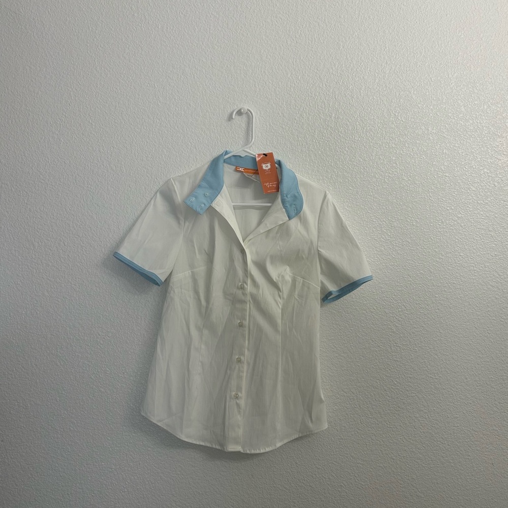 Asmar Equestrian XS White and Blue Button Down Shirt with Short Sleeves